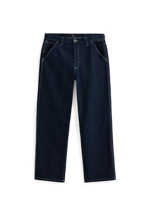 Dark blue denim jeans with a straight-leg cut, featuring five pockets and contrasting white stitching along seams and pockets.