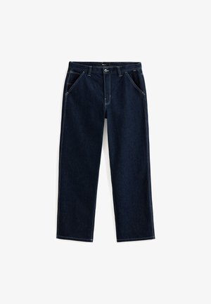 Mørkeblå denimjeans med lige ben, der har fem lommer og kontrasterende hvid syning langs sømme og lommer.