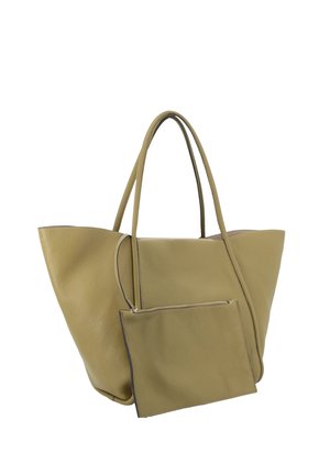 Sac fourre-tout en cuir vert olive avec deux bretelles et une pochette zippée assortie amovible à l'avant.