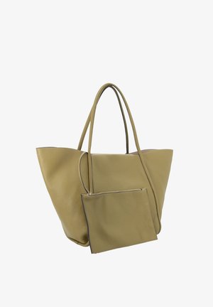 Sac fourre-tout en cuir vert olive avec deux bretelles et une pochette zippée assortie amovible à l'avant.