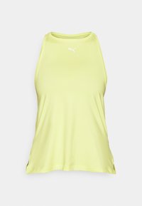 Světlounce žluté atletické tílko bez rukávů s kulatým výstřihem, měkkou texturou a bílým logem uprostřed. Boční rozparky na spodním okraji.