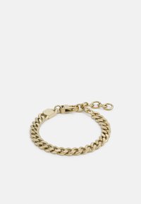 Bracciale in oro con maglie attorcigliate, dotato di chiusura sicura e lunghezza della catena regolabile. La superficie texturizzata aggiunge interesse visivo.