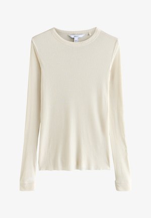 Kremnato obarvan, dolg rokav rebrasto pleten vrh z izrezom okrolega ovratnika in oprijetim silhueto.