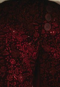 Tissu en velours rouge avec une broderie florale complexe agrémentée de sequins, complété par de grands boutons ronds marron sur le côté.