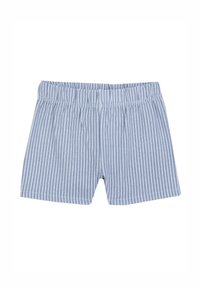 Pantaloni corti a righe blu realizzati in tessuto leggero, con una vita elasticizzata e una vestibilità dritta. Le righe bianche verticali sono ben visibili.