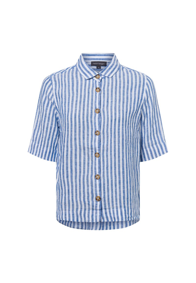 Short-sleeve, collared shirt in light blue and white stripes, featuring wooden buttons and a relaxed fit with a rounded hem.
