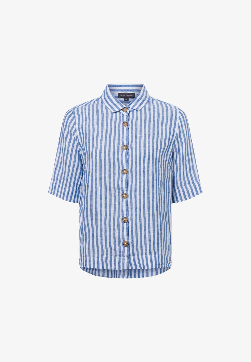Short-sleeve, collared shirt in light blue and white stripes, featuring wooden buttons and a relaxed fit with a rounded hem.