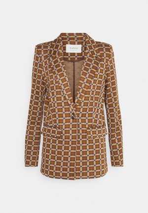 Blazer à carreaux marron et jaune avec un col cranté, fermeture à un bouton et deux poches avant. Fabriqué en tissu texturé.