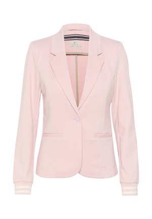 Blazer rose pâle en tissu doux, avec un revers à cran, deux poches avant, une fermeture à un bouton et des poignets à rayures.