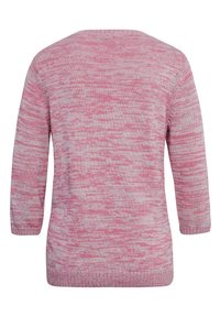 Helles rosa Strickpullover mit strukturiertem Muster, rundem Ausschnitt und Dreiviertelärmeln. Ribbenbündchen und Saum.