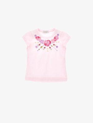 Hele roosa lühikeste varrukatega särk, millel on rinnal lillemustriga roosad roosid ja lillad lilled, ümara kaelusega.