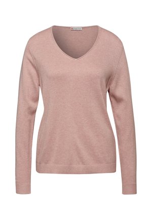 Różowy sweter z długim rękawem i dekoltem w serek. Wykonany z miękkiego dzianinowego materiału, o dopasowanym kroju, z prążkowanymi mankietami i paskiem u dołu.