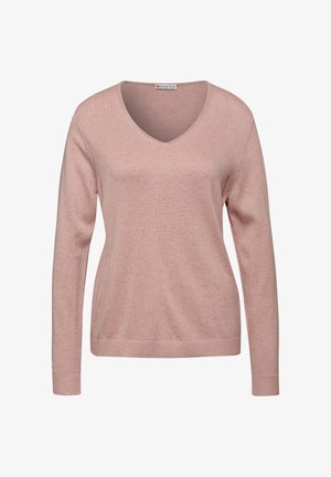 Różowy sweter z długim rękawem i dekoltem w serek. Wykonany z miękkiego dzianinowego materiału, o dopasowanym kroju, z prążkowanymi mankietami i paskiem u dołu.