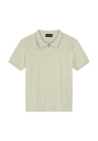 Lichtgroene polo met korte mouwen, voorzien van een rits aan de voorkant, een geribde kraag en een textuurstreep patroon. Gemaakt van een katoenmix.