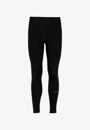 Schwarze thermische Leggings aus dehnbarem Material, mit einem elastischen Bund und dezentem Logo-Detail am Unterschenkel.