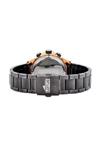 Svart rostfritt stål armbandsur med en bezelin i roséguld, kronografdials och en spänne med "LOTUS"-logotyp. Slät, polerad finish.