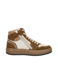 Bruin en crème hoge sneaker gemaakt van suède met veters en ritssluiting, met een gestructureerd oppervlak en een contrasterende rubberen zool.