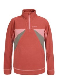 Pull-over en polaire à quart de fermeture éclair en corail avec des panneaux géométriques gris et rose. Caractéristiques : col haut et fermeture éclair avant. Matériel doux et texturé.