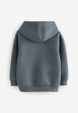 Grå tekstureret hættetrøje med et diamantmønster, der har hætte og ribbet kanter ved ærmer og bund. Bagfra ses dens hyggelige design.