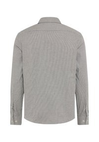 Grijze langemouwen shirt met een klein ruitpatroon, button-down kraag en manchetten met witte knopen. Stof heeft een gladde textuur.