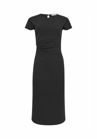 Schwarzes Kleid mit kurzen Ärmeln, tailliertem Oberteil und einer Wendung an der Taille. Verfügt über eine Aussparung am Rücken und eine gerade Silhouette.