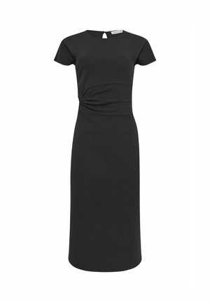 Sort kjole med korte ærmer, figursyet overdel og en twist-detalje i taljen. Har en nøglehulåbning bagpå og en lige silhuet.
