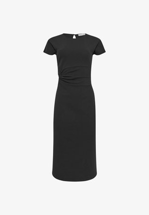 Czarna sukienka z krótkimi rękawami, dopasowanym gorsetem i detalem w formie węzła w talii. Posiada otwarcie w kształcie łezki na plecach oraz prostą sylwetkę.