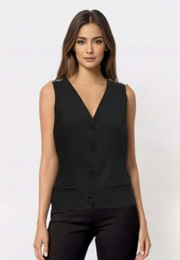 Gilet senza maniche nero con scollatura a V, caratterizzato da sei bottoni sulla parte anteriore e due tasche verticali. Tessuto liscio e su misura.