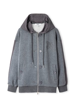 Grijze hoodie met een rits aan de voorkant, textuurstof, geborduurde accenten en knoopdetails. Beschikt over zijzakken en geribbelde manchetten.
