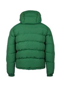 Green puffer jacket with a hood, featuring a quilted design, elastic cuffs, and a smooth texture. Back view showcases uniform padding.