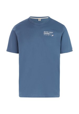 Blauw T-shirt met korte mouwen, gemaakt van katoen. Heeft een ronde hals en een witte grafische print op de borst met tekst en eenvoudige afbeeldingen.