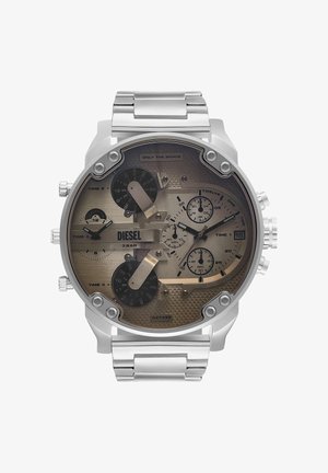 Silberne Diesel Herrenuhr mit großem rundem Zifferblatt, mehreren Anzeigen für vier Zeitzonen, Chronograph, Datum und Metallgliederband.