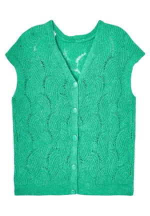 Cardigan sans manches vert tricoté avec un motif de feuilles et cinq boutons sur le devant, posé à plat sur un fond blanc.