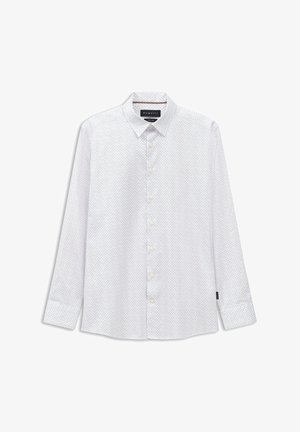 Weißes Langarmhemd mit dezentem hellblauen Muster, knöpfbarem Kragen und Knöpfen auf der Vorderseite. Weicher, glatter Baumwollstoff.
