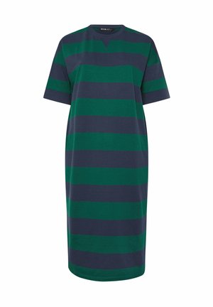 Vestido casual hasta la rodilla con rayas horizontales en azul marino y verde oscuro, mangas cortas, escote redondo y corte relajado.