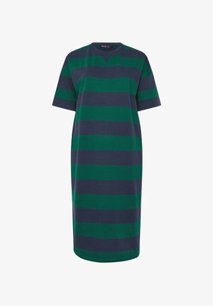 Abito casual lungo fino al ginocchio con righe orizzontali blu navy e verde scuro, maniche corte, scollatura a girocollo, vestibilità comoda.