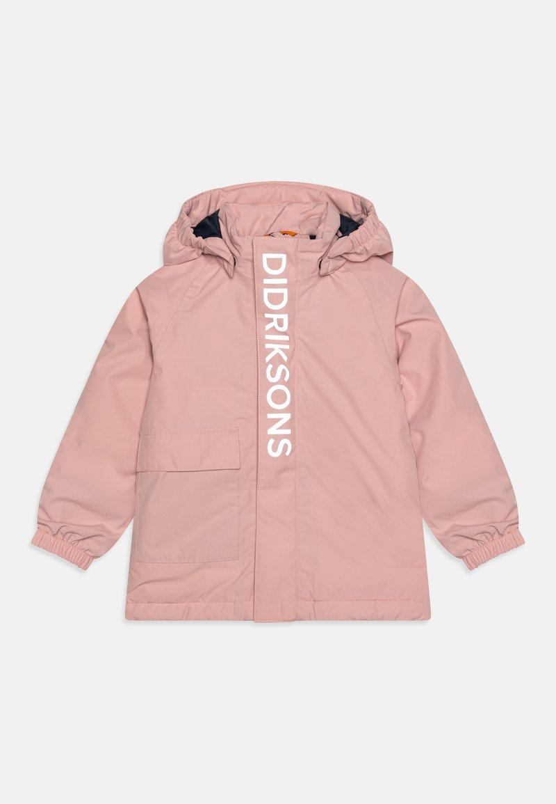 Ljusrosa barnjacka med huva, elastiska muddar, framficka och vertikal "DIDRIKSONS"-logotyp på framknäppningen.