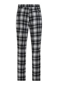 Black and white plaid pants with an elastic waistband, straight-leg cut, and a soft fabric texture. Notable checker pattern throughout.