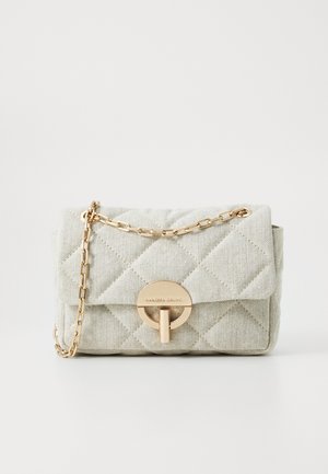 Quilted light gray handbag with a gold chain strap, featuring a round gold hardware closure and subtle texture throughout.
