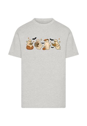 Helles graues T-Shirt mit einem Cartoon-Design von vier Geistern und einem Kürbis, umgeben von Fledermäusen und Glitzer. Hergestellt aus weichem Stoff.
