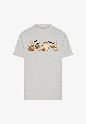 Light gray t-shirt featuring a cartoon design of four ghosts and a pumpkin, with bats and sparkles. Made from soft fabric.