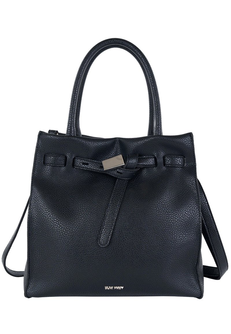 Borsa a mano in pelle nera con texture a grani, manici doppi e tracolla rimovibile. Presenta un dettaglio a nodo e un accento con fibbia metallica.