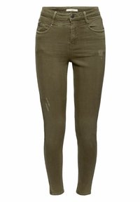 Jean skinny vert olive avec une finition texturée, doté d'une taille haute, de cinq poches et de détails subtilement usés à l'avant.