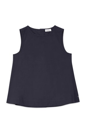 Ärmellose dunkelblaue Bluse mit rundem Ausschnitt, geradem Saum und kleinem Reißverschluss hinten.