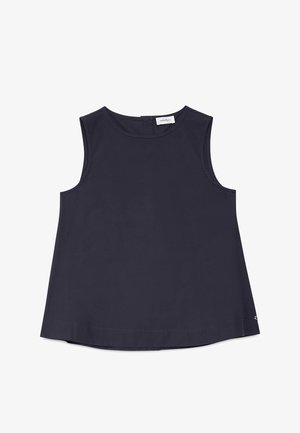 Blouse bleu marine sans manches avec encolure ronde, ourlet droit et petite fermeture éclair au dos.