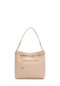 Beežist nahast käekott tekstuurse pinnaga, millel on dekoratiivne vöö ruudukujuliste lõigete ja ülemise sangaga ning ees tõmblukuga tasku.