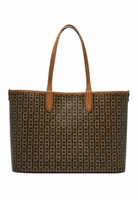 Sac fourre-tout en cuir marron avec un motif géométrique beige, doté de deux poignées et d'une forme rectangulaire structurée.