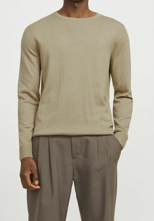 Mann trägt einen beigefarbenen, langärmligen Pullover mit Rundhalsausschnitt und lockere, braune plissierte Hosen, steht mit einer Hand in der Tasche.