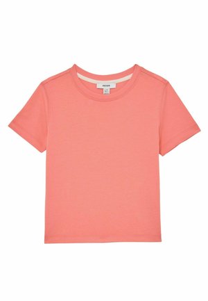 Tričko s krátkym rukávom v koralovej farbe, vyrobené z mäkkej tkaniny, so zaobleným výstrihom a jemnými švami. Jednoduchý a klasický dizajn.