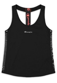 Camiseta sin mangas negra con un escote redondeado, paneles laterales de malla y un logo de Champion rojo en la correa trasera y en la parte delantera.